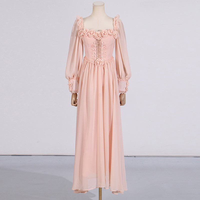 French Elegant Beautiful Dress Autumn Stitching Floral Design High Sense Dress Women