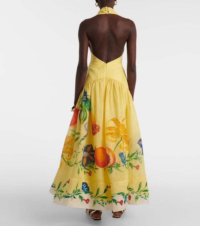 Printed Halter Backless Swing Maxi Dress