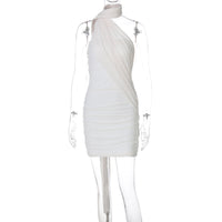 Mesh Stitching Ribbon Halter Hip Dress