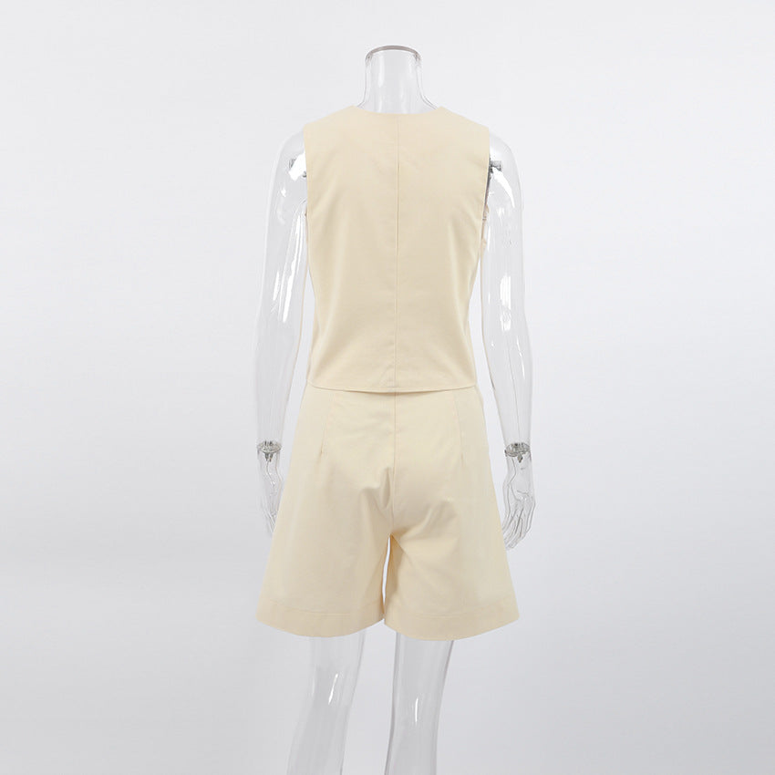 Beige Cotton-Linen Vest &amp; Trousers Set