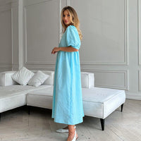 French Lightly Mature V-Neck Puff Sleeve Dress