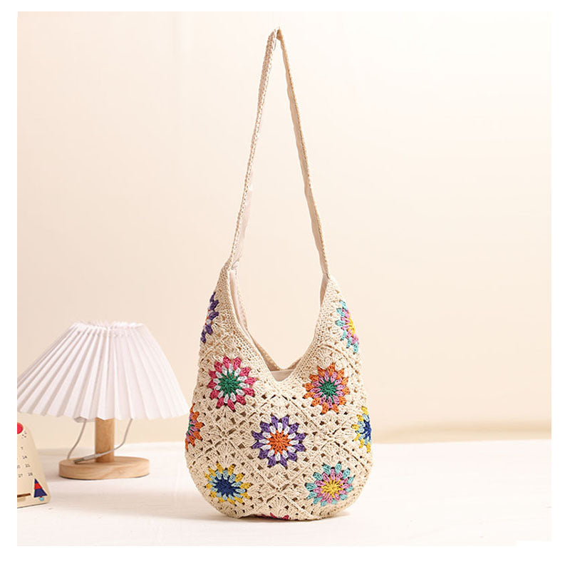Ribbon Shoulder Large Straw Bag