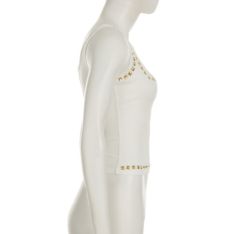 Personality Street Metal Square Rhinestone I Shaped Vest Square Collar Sexy Casual Top Summer