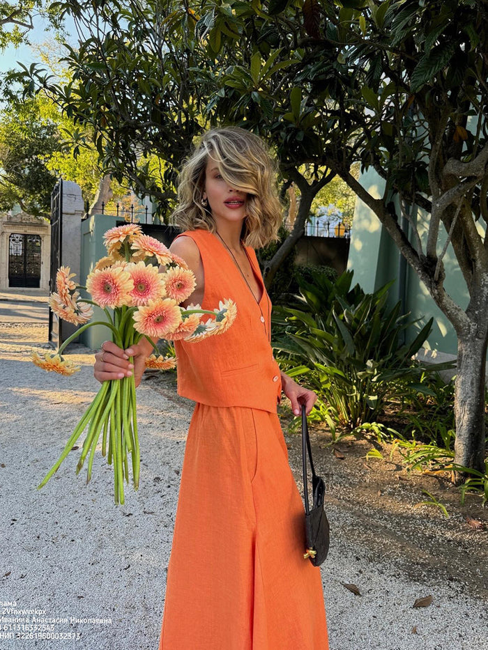 Cotton-Linen Vest &amp; Skirt Two-Piece Set