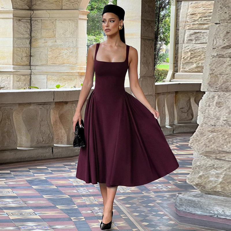 French Square Neck Shirred Long Dress