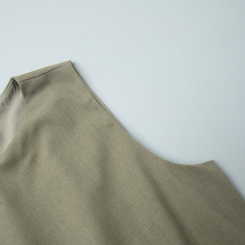 Round Neck Linen Vest &amp; Pleated Skirt Set