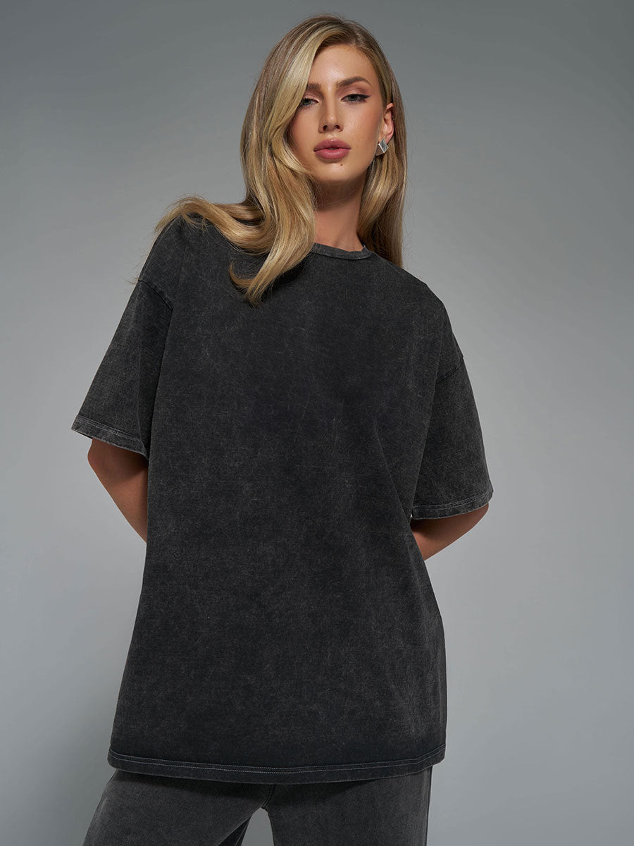 【SATIIIZ】Tabe Vintage Short Sleeve T-Shirt Men's Vintage Cotton Wash Solid T-Shirts Oversized Unisex