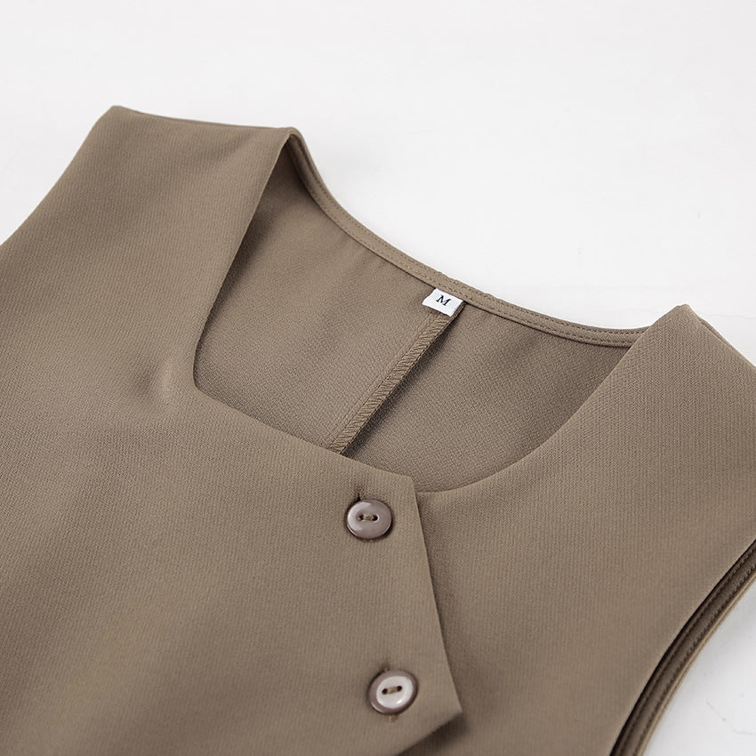 Casual Khaki Elegant Sleeveless Vest &amp; Trousers
