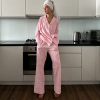 Comfort Casual Pattern Women Collared Long Sleeve Shirt Loose Wide Leg Pants Two Piece Sets