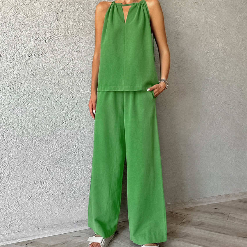 Khaki Cotton Linen Hollow Out Cutout Tied Sleeveless Halter Vest Wide Leg Pants Set