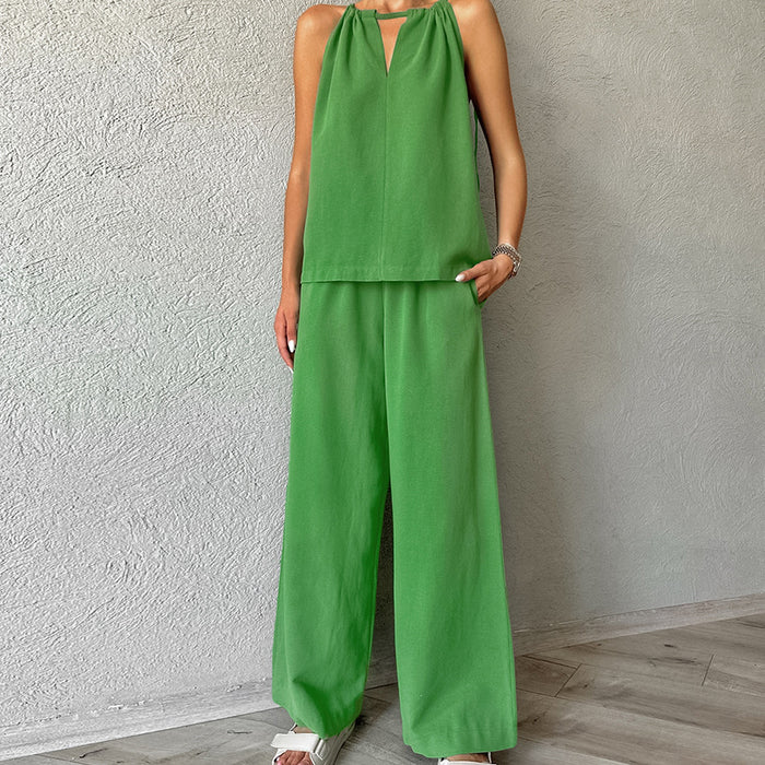 Khaki Cotton Linen Hollow Out Cutout Tied Sleeveless Halter Vest Wide Leg Pants Set