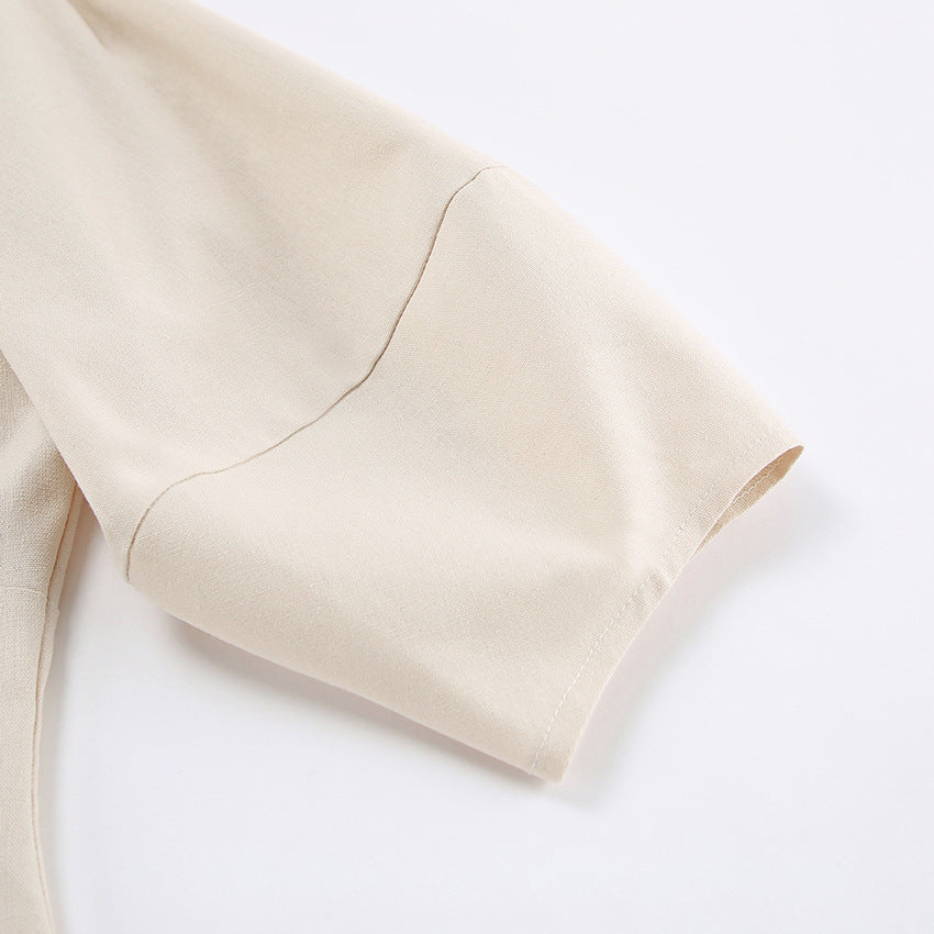 French Beige Cotton Linen Puff Sleeve Dress