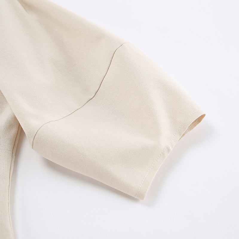 French Beige Cotton Linen Puff Sleeve Dress