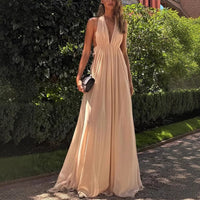Summer Deep V Plunge neck Long Evening Dress Pleated Halter Backless Dress Women