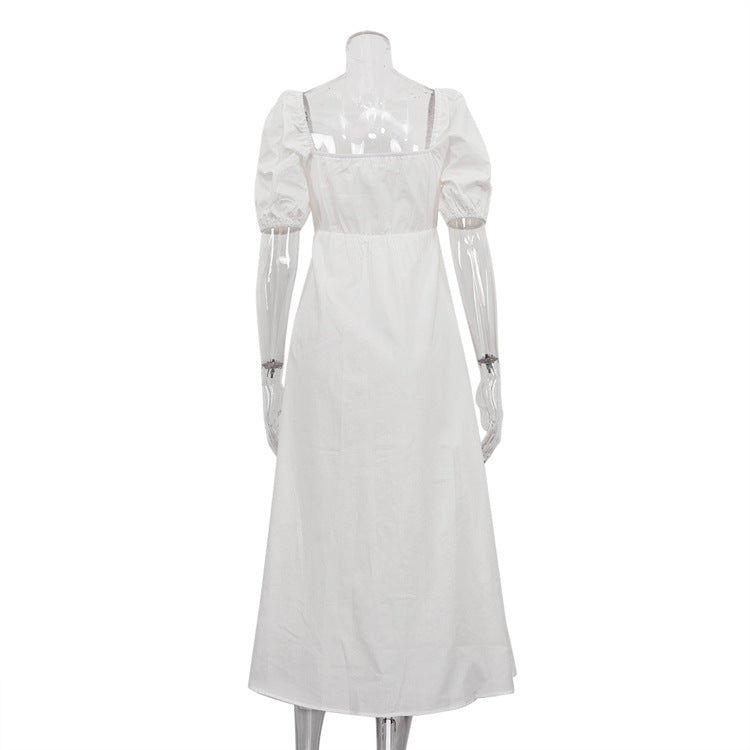 French Design Square Collar Slimming Puff Sleeve A-Line Dress