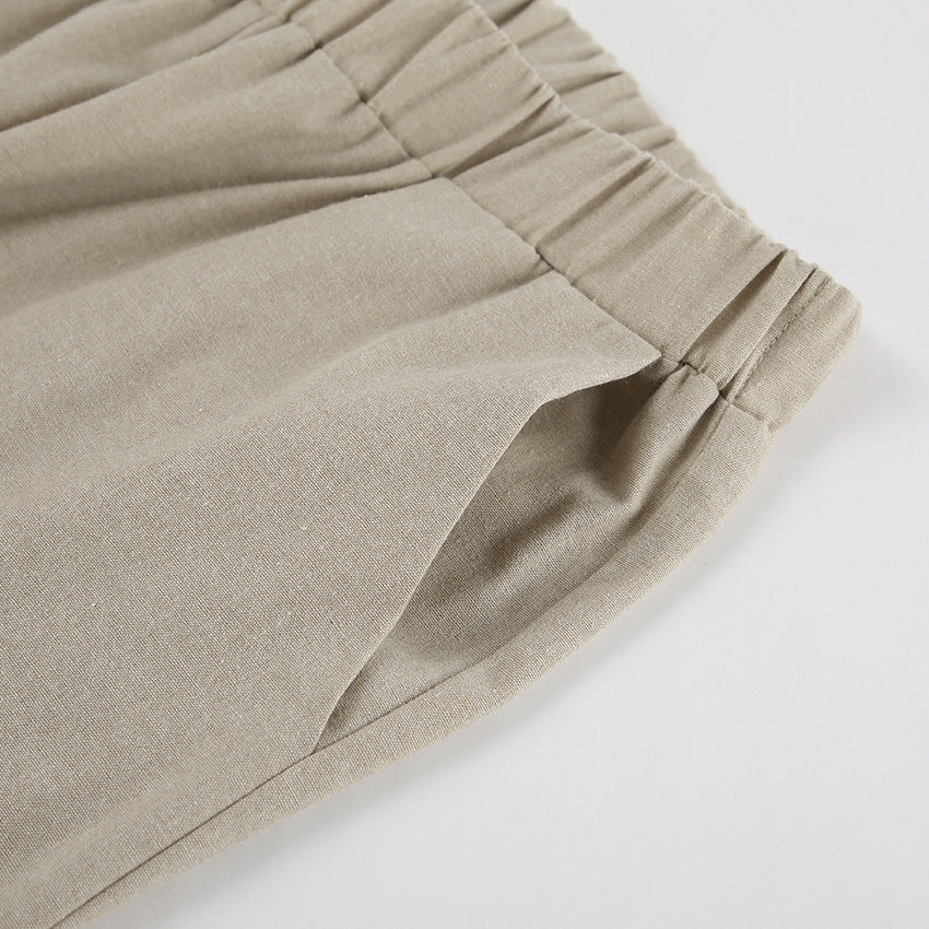 Khaki Cotton Linen Hollow Out Cutout Tied Sleeveless Halter Vest Wide Leg Pants Set