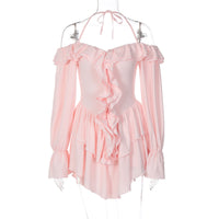 Backless Ruffled Halter Long Sleeve Romper