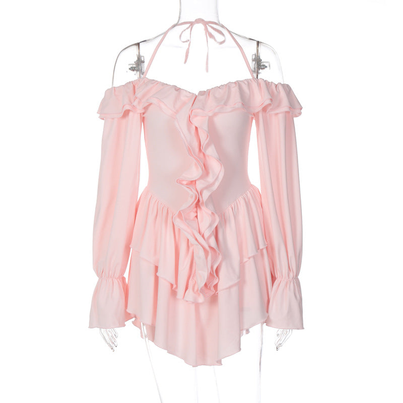 Backless Ruffled Halter Long Sleeve Romper