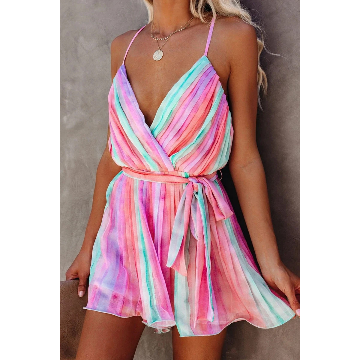 Spring Summer Suspender Pleated Chiffon Dress