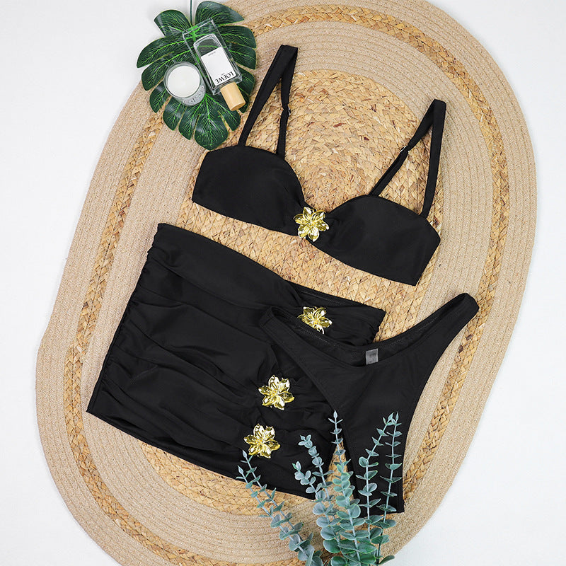 Black Metal Accent Bikini Three-Piece Set