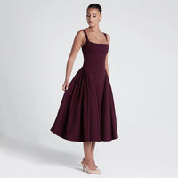 French Square Neck Shirred Long Dress