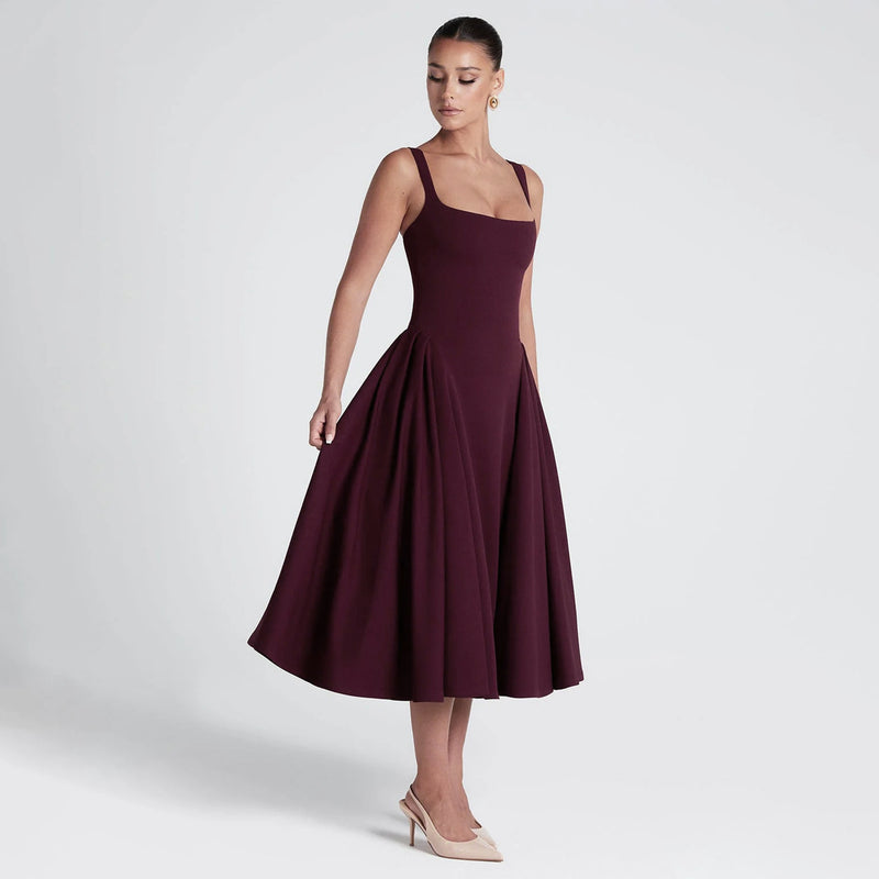 French Square Neck Shirred Long Dress