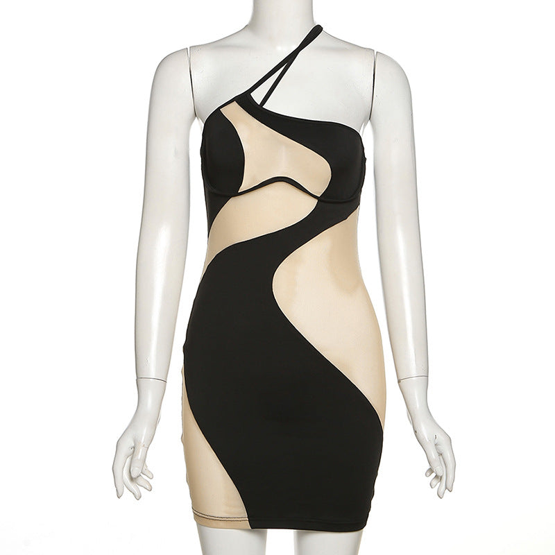 Spring and Summer Mesh One-Shoulder Sheath Dress