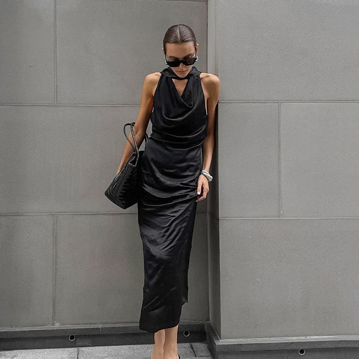 Black Matte Satin Off-Shoulder Midi Dress