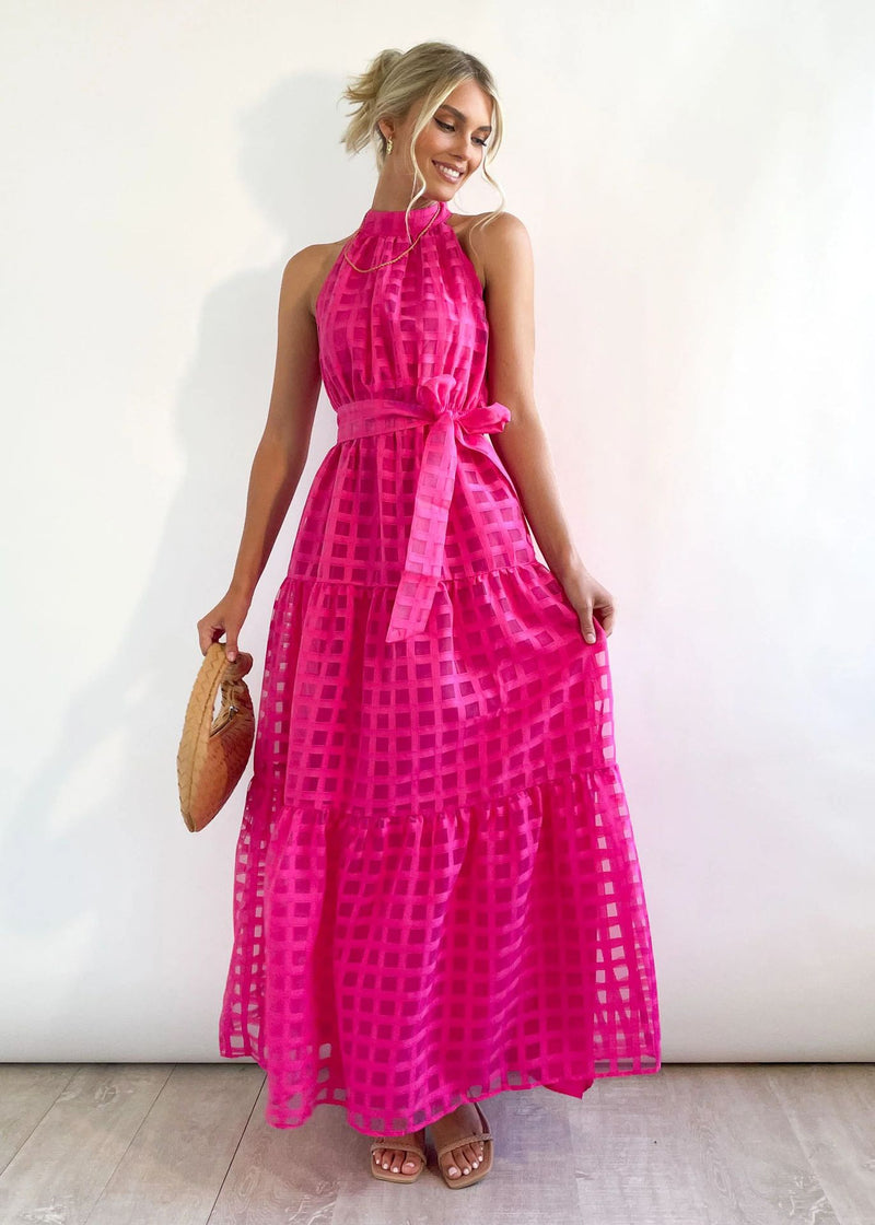 Plaid Retro Maxi Dress with Stand Collar for Women