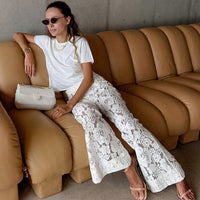 Cotton Lace Jacquard See-Through Flared Pants