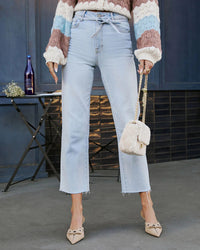 Women Casual High Waist Lace up Washed Straight Jeans