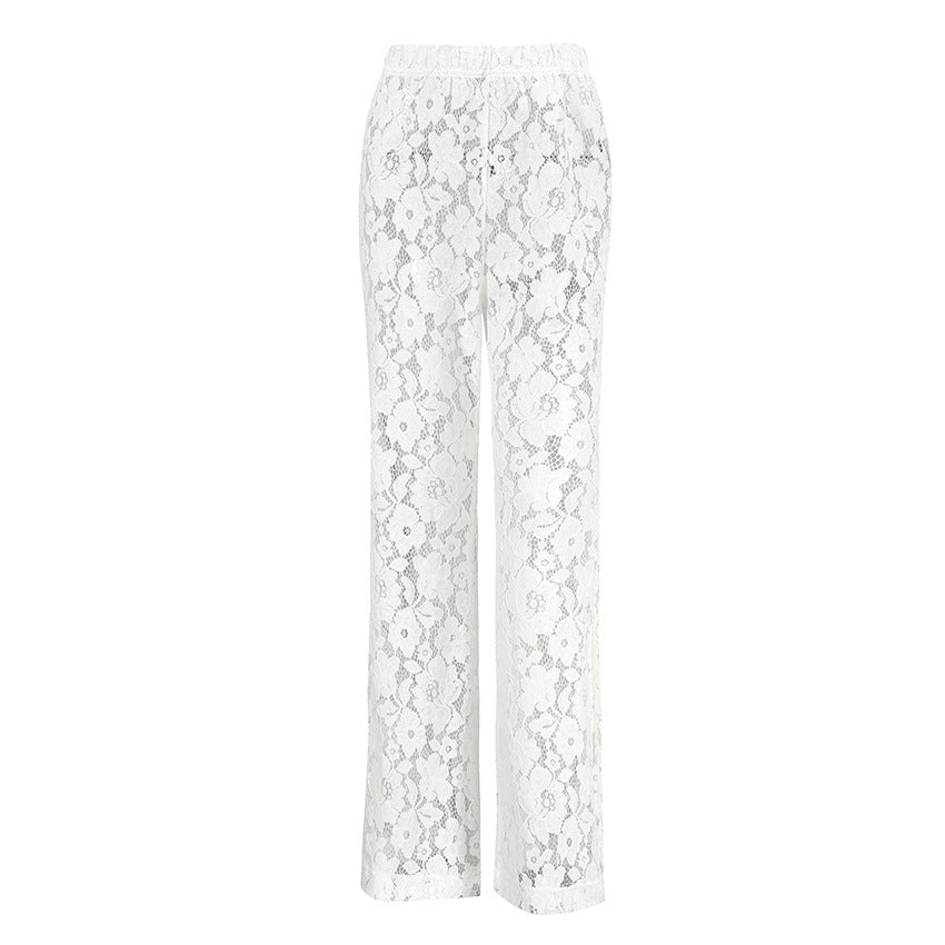 Cotton Lace Jacquard See-Through Flared Pants