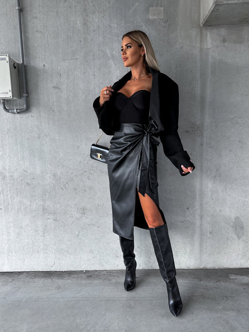 Faux Leather Wrap Midi Skirt