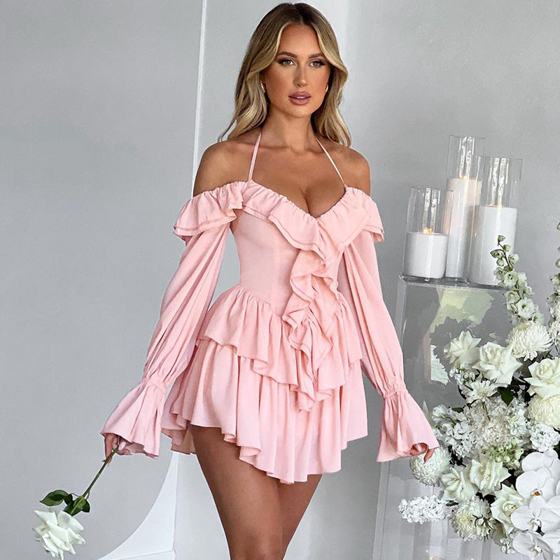 Backless Ruffled Halter Long Sleeve Romper