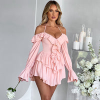 Backless Ruffled Halter Long Sleeve Romper