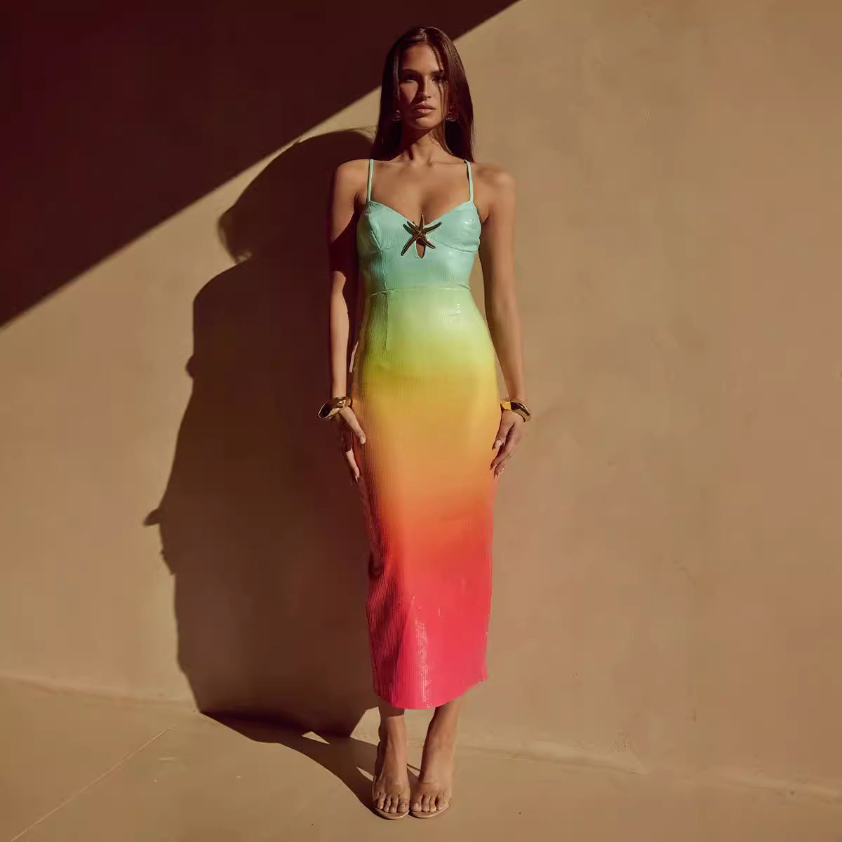 Spring Summer Sexy V Neck Bronzing Dress