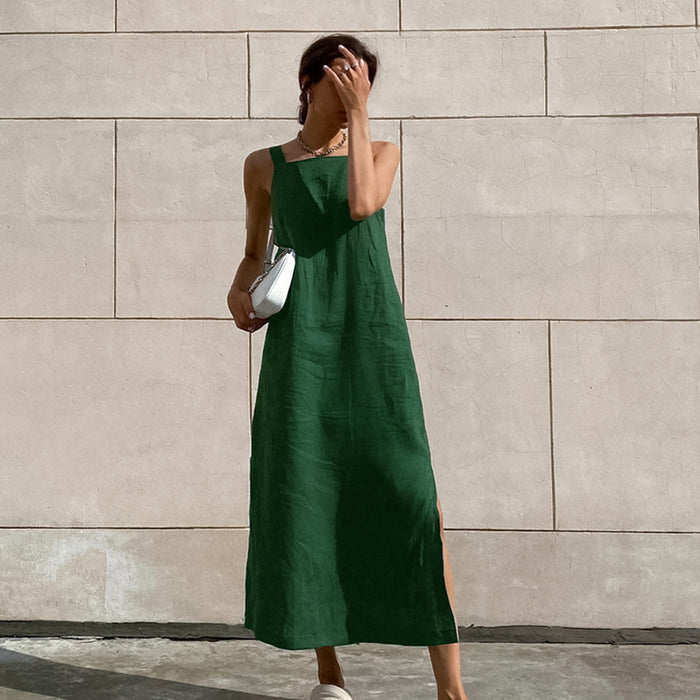 French Maxi Dress Cotton Linen Sleeveless Dress