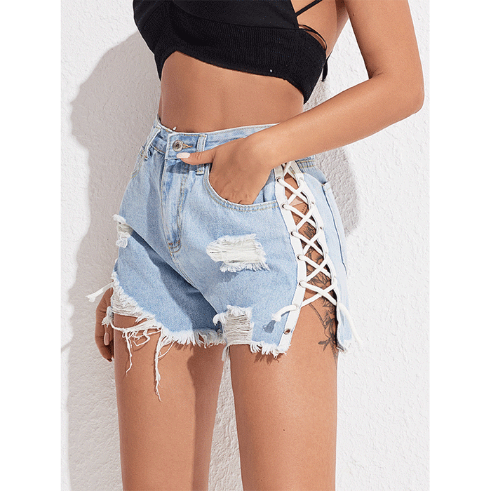 High-Waist Slimming Lace-Up Denim Shorts