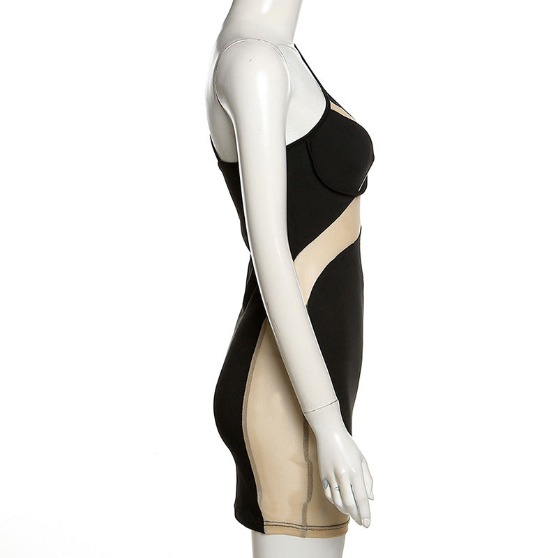 Spring and Summer Mesh One-Shoulder Sheath Dress