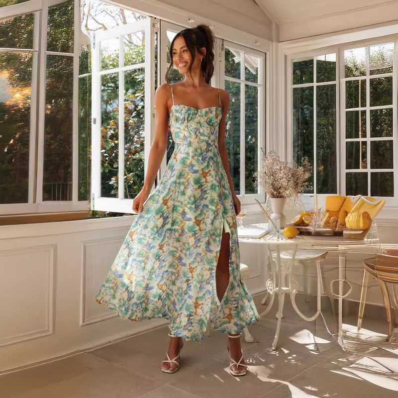 Floral Print Backless Maxi Dress with Slit