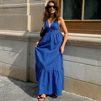 French Vacation Blue Cotton-Linen V-Neck Backless Dress