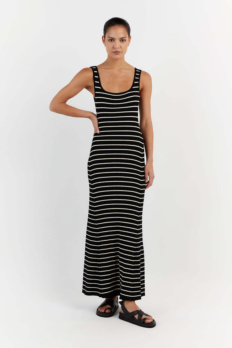 Striped Contrast Color Beach Vacation Dress