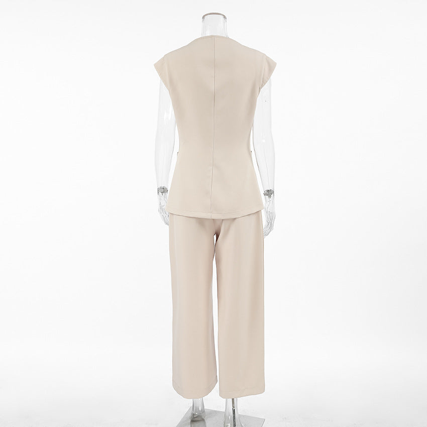 Khaki Retro V-Neck Outfit sets