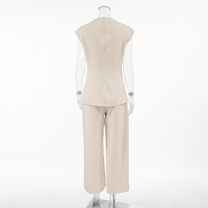 Khaki Retro V-Neck Outfit sets