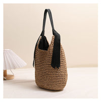 Ribbon Shoulder Straw Bag Large Capacity Solid Color Woven Bag Seaside Vacation Beach Bag Straw Bag