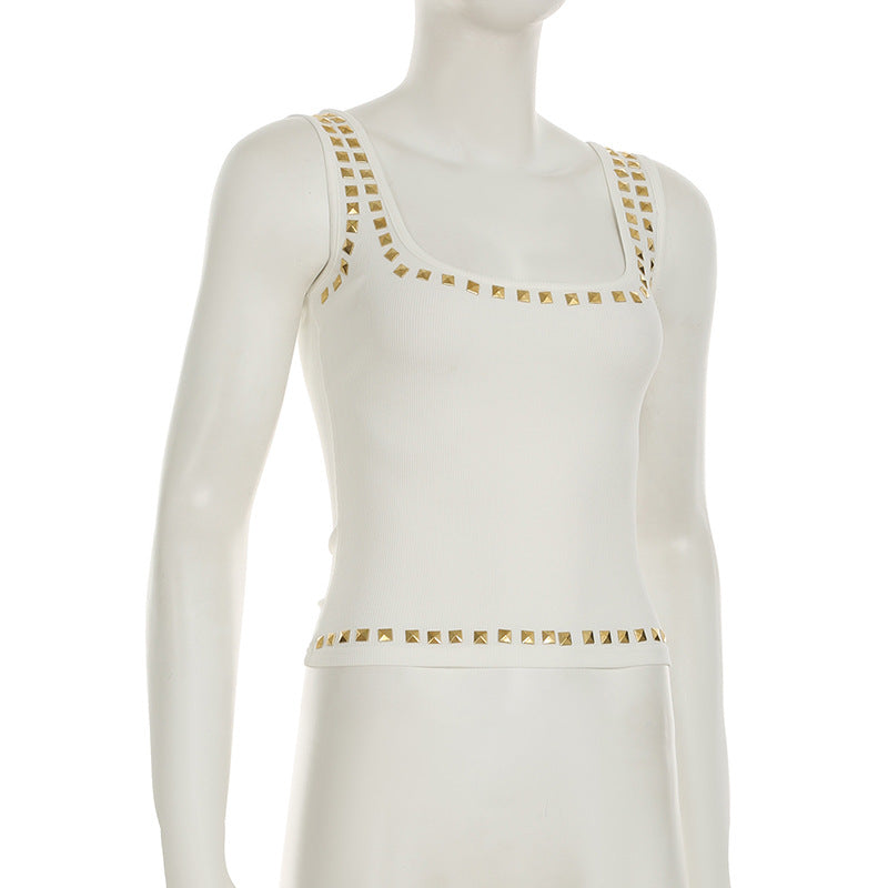 Personality Street Metal Square Rhinestone I Shaped Vest Square Collar Sexy Casual Top Summer