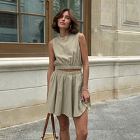 Round Neck Linen Vest &amp; Pleated Skirt Set