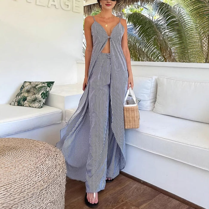 Striped Spaghetti Strap Top &amp; Wide Leg Pants Set