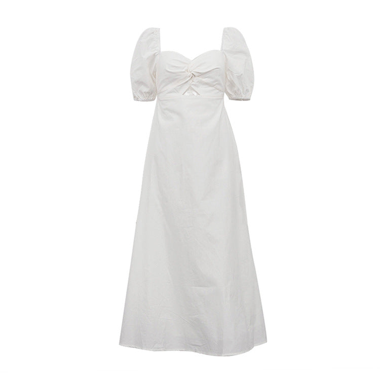 French Design Square Collar Slimming Puff Sleeve A-Line Dress