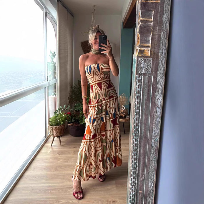 Summer Women Retro Boho High Waist Printing Slip Dress